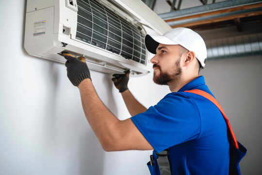 HVAC technician installing a mini split air conditioner in Gardena