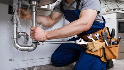 Plumber repairing pipes beneath a sink in Gardena